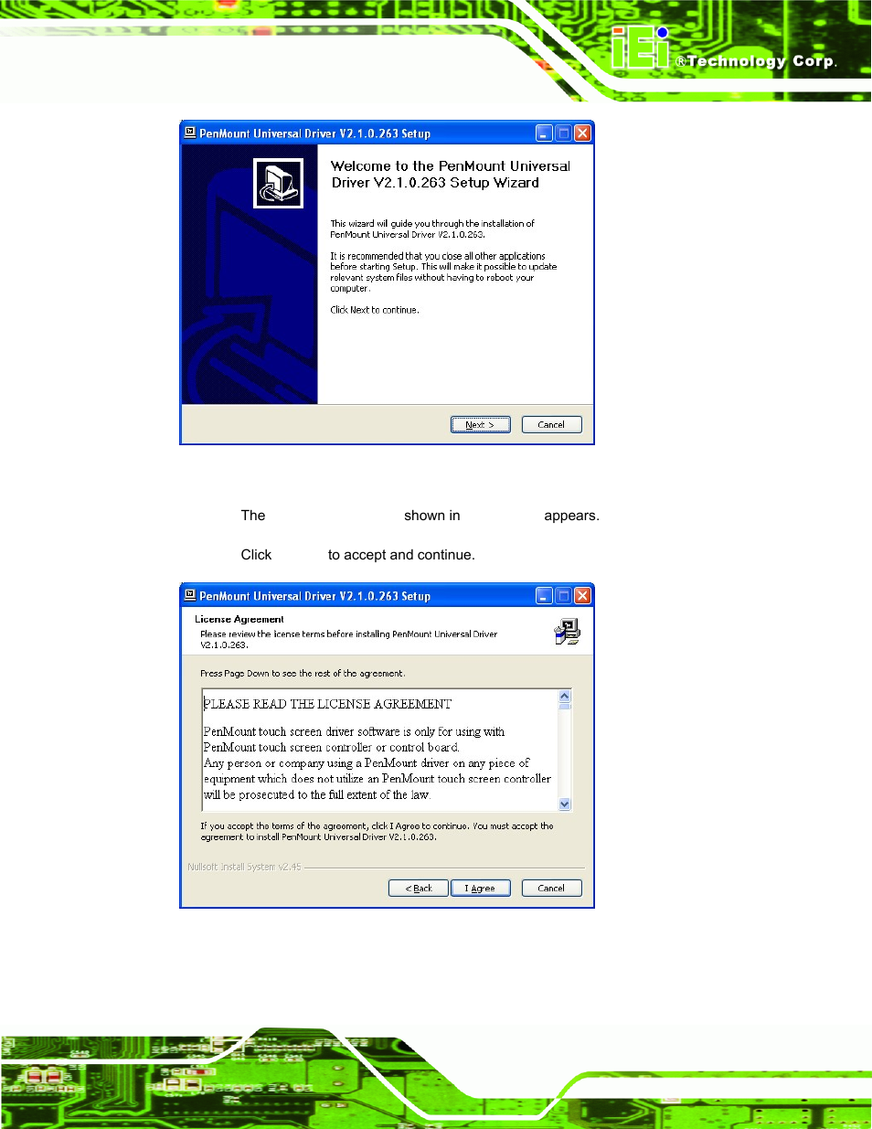 Figure 6-25: penmount welcome screen, Figure 6-26: license agreement | IEI Integration AFL-15i-HM55 v1.20 User Manual | Page 112 / 143