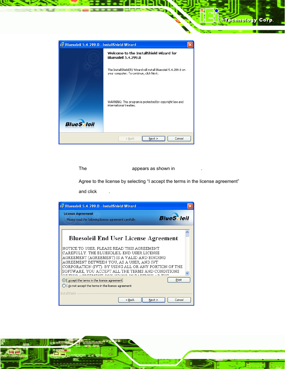 Figure 6-34: welcome screen, Figure 6-35: license agreement | IEI Integration AFL-15i-HM55 v1.20 User Manual | Page 118 / 143