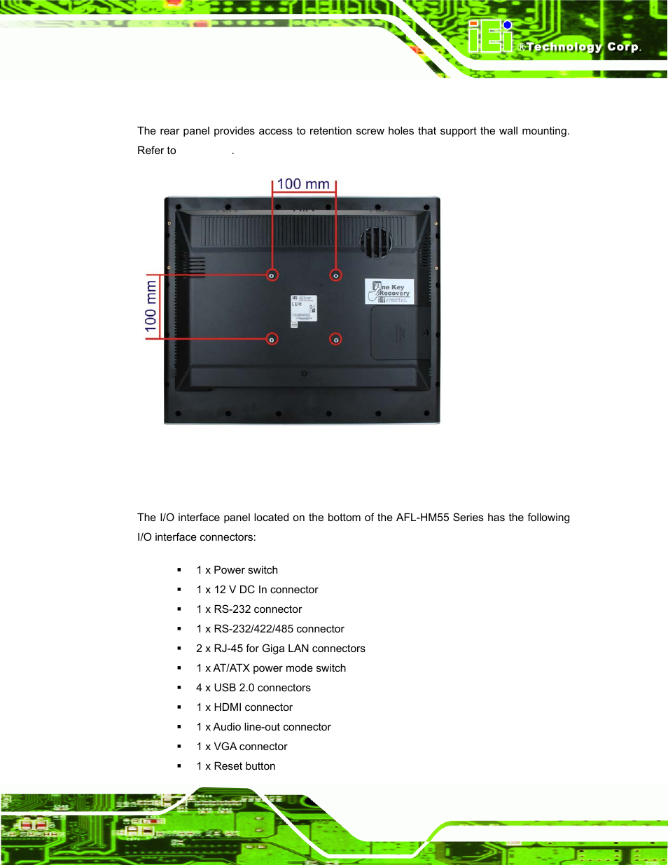 3 rear panel, 4 i/o interface panel, Figure 1-3: afl-hm55 series rear view | IEI Integration AFL-15i-HM55 v1.20 User Manual | Page 16 / 143