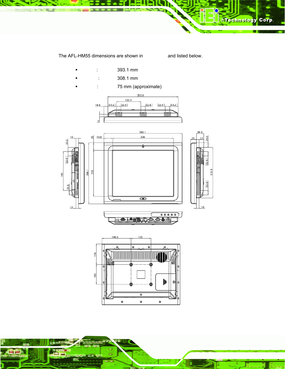 5 afl-hm55 series dimensions, Afl-hm55, Eries | Imensions, Figure 1-6: afl-hm55 dimensions (mm) | IEI Integration AFL-15i-HM55 v1.20 User Manual | Page 20 / 143