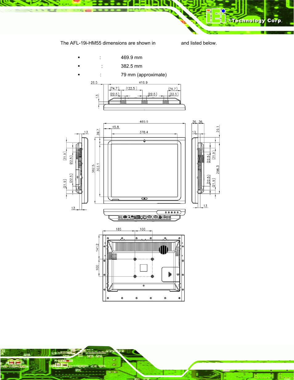 Figure 1-8: afl-19i-hm55 dimensions (mm) | IEI Integration AFL-15i-HM55 v1.20 User Manual | Page 22 / 143