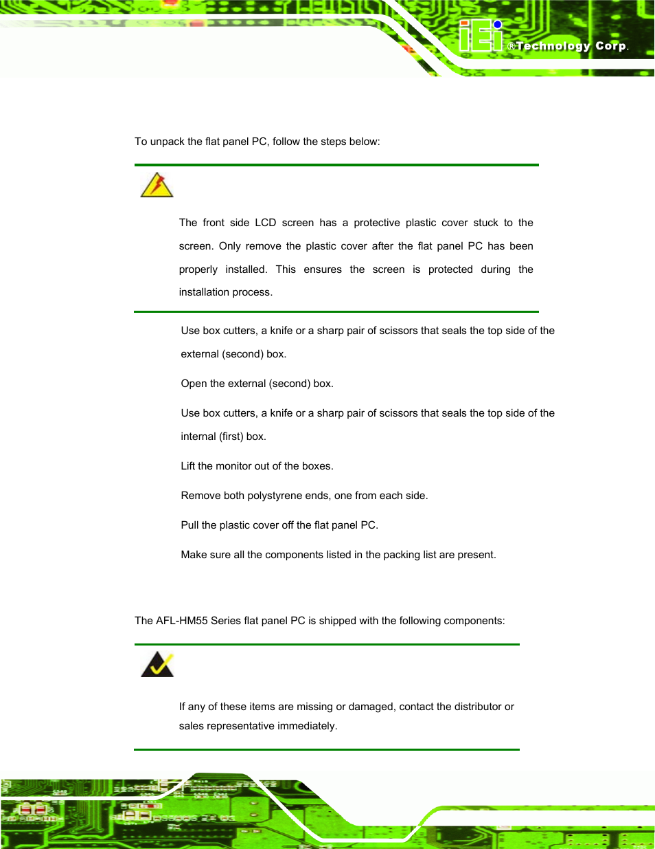 1 unpacking, 1 packing list, Npacking | IEI Integration AFL-15i-HM55 v1.20 User Manual | Page 24 / 143