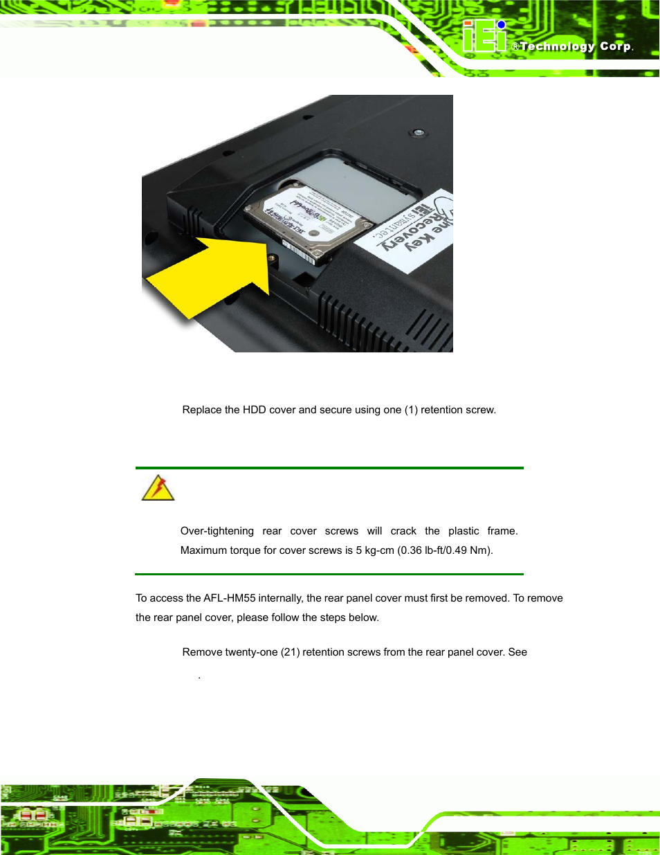 7 removing the rear panel cover, Emoving the, Anel | Over, Figure 3-3: hdd installation | IEI Integration AFL-15i-HM55 v1.20 User Manual | Page 34 / 143