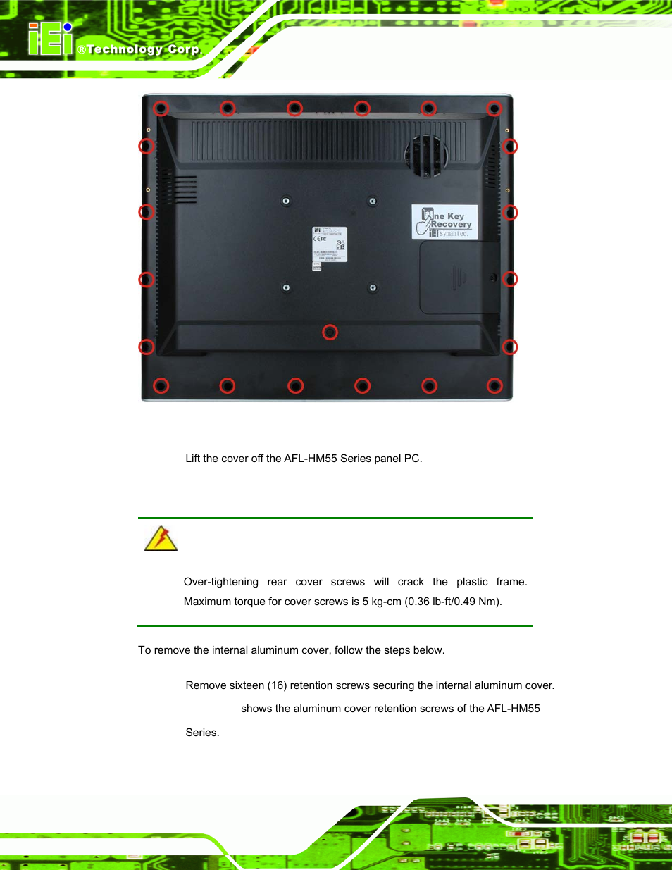 8 removing the internal aluminum cover, Emoving the, Nternal | Luminum, Over | IEI Integration AFL-15i-HM55 v1.20 User Manual | Page 35 / 143