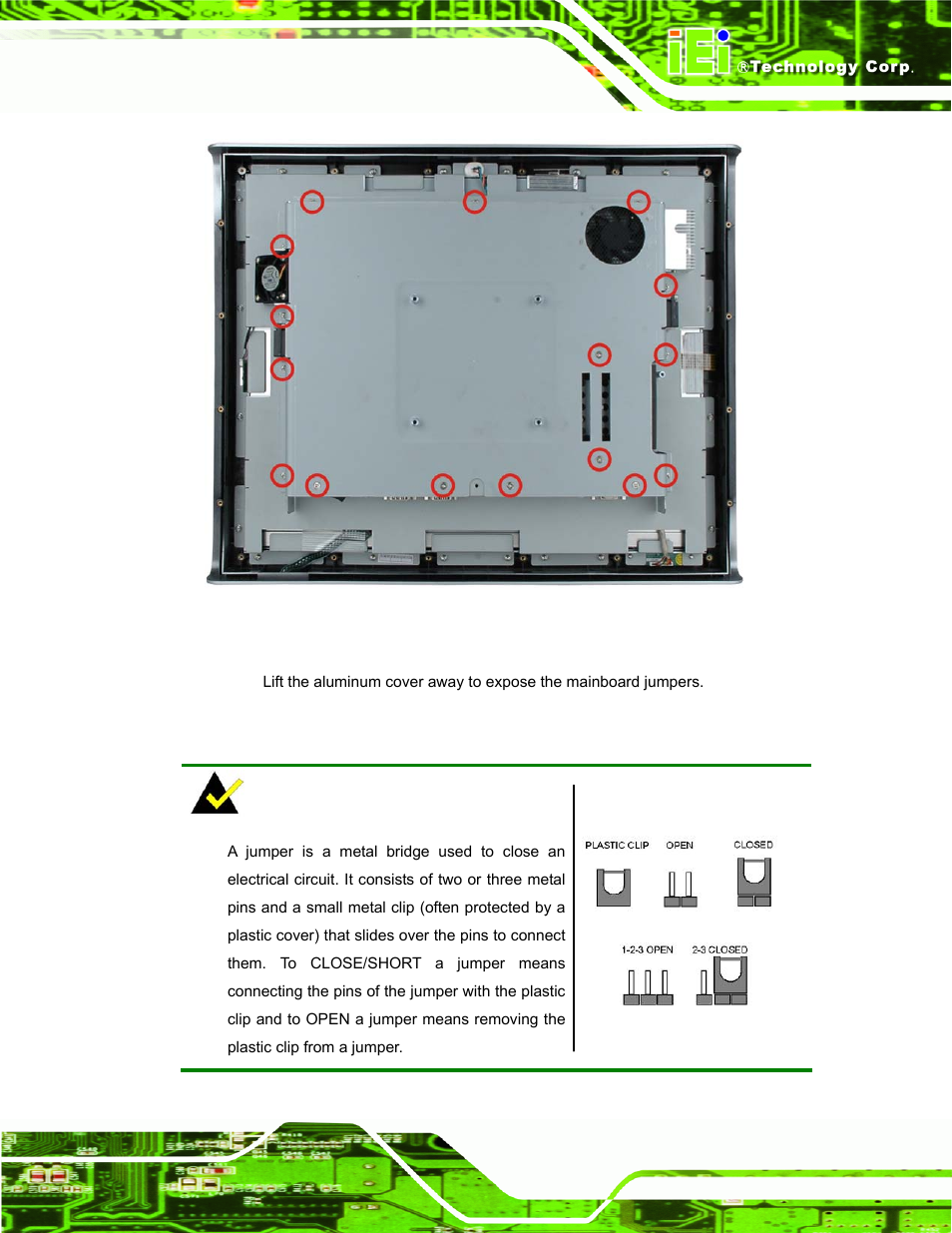 9 jumper settings, Umper, Ettings | IEI Integration AFL-15i-HM55 v1.20 User Manual | Page 36 / 143