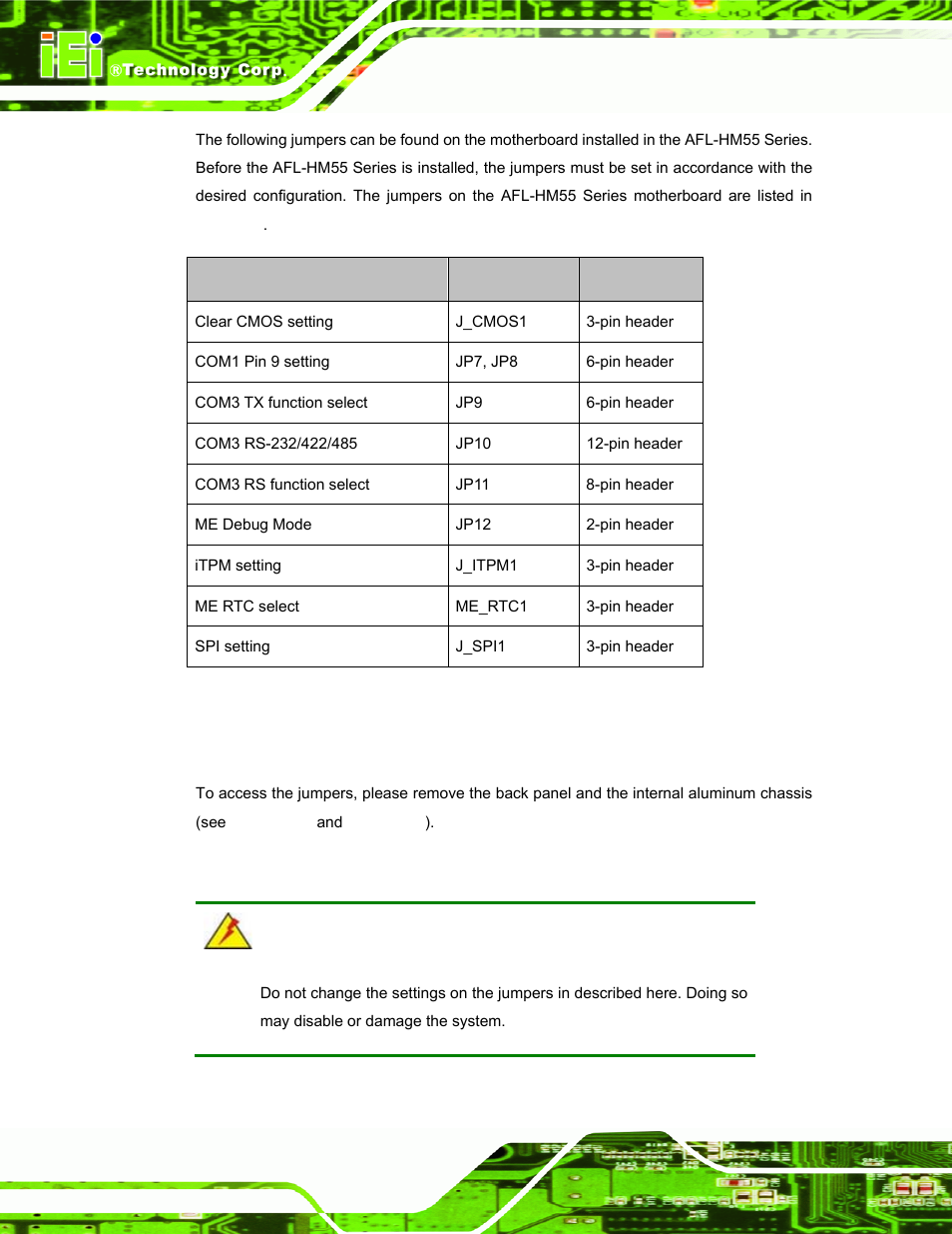 1 access the jumpers, 2 preconfigured jumpers, Table 3-1: jumpers | IEI Integration AFL-15i-HM55 v1.20 User Manual | Page 37 / 143