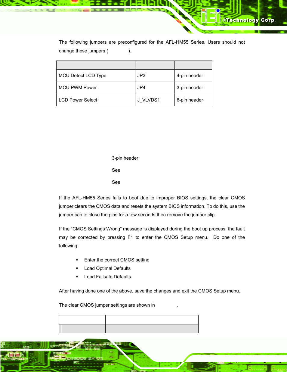 3 clear cmos jumper, Table 3-2: preconfigured jumpers | IEI Integration AFL-15i-HM55 v1.20 User Manual | Page 38 / 143