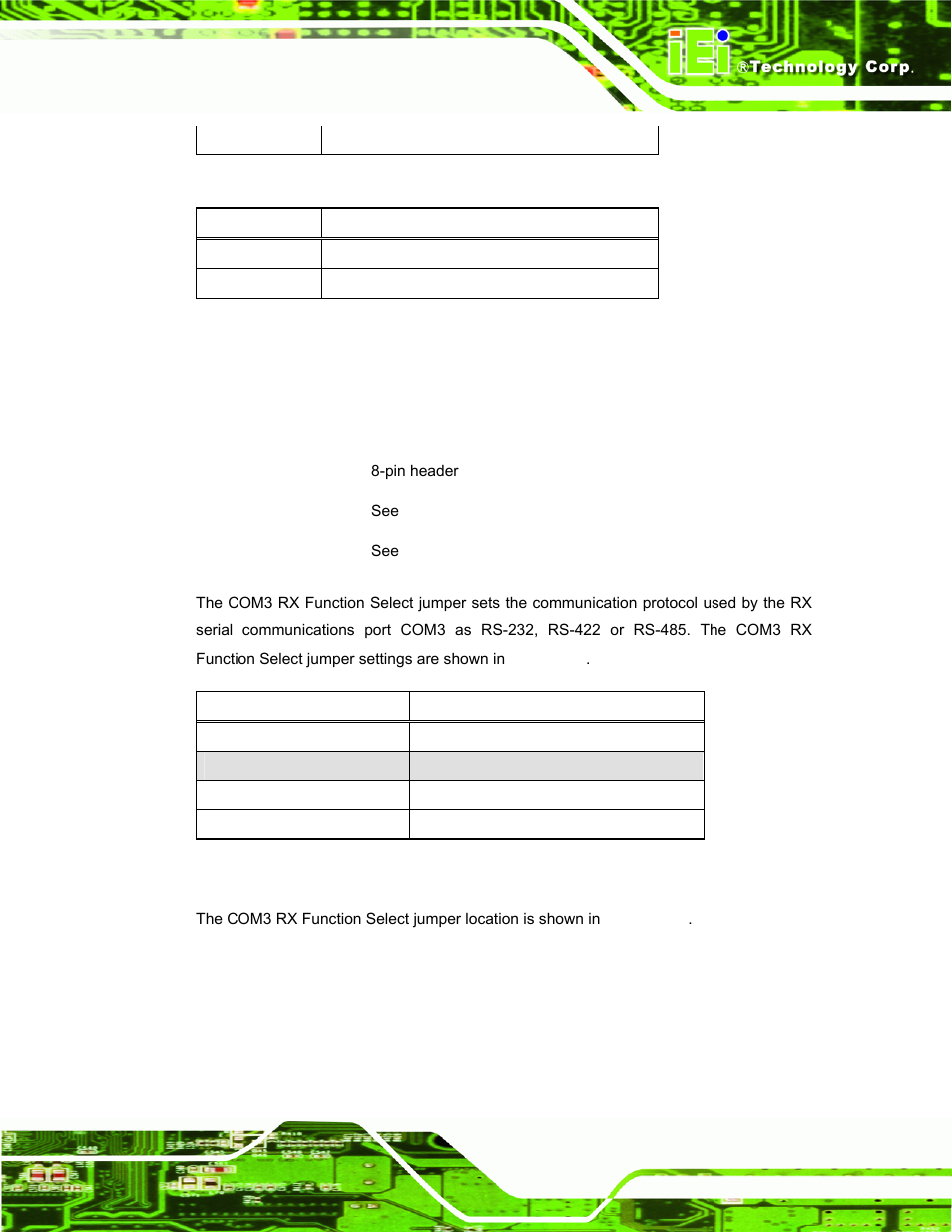 7 com3 rs function select jumper, Table 3-8: rs-422 pinouts, Table 3-9: rs-485 pinouts | Afl-hm55 series panel pc page 33 | IEI Integration AFL-15i-HM55 v1.20 User Manual | Page 44 / 143