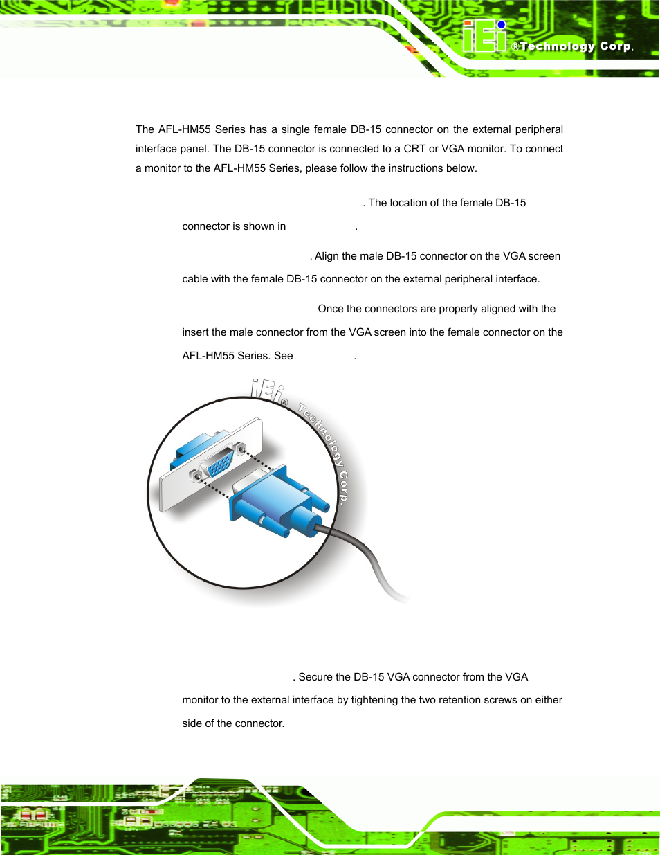 4 vga monitor connection, Figure 3-28: vga connector | IEI Integration AFL-15i-HM55 v1.20 User Manual | Page 60 / 143