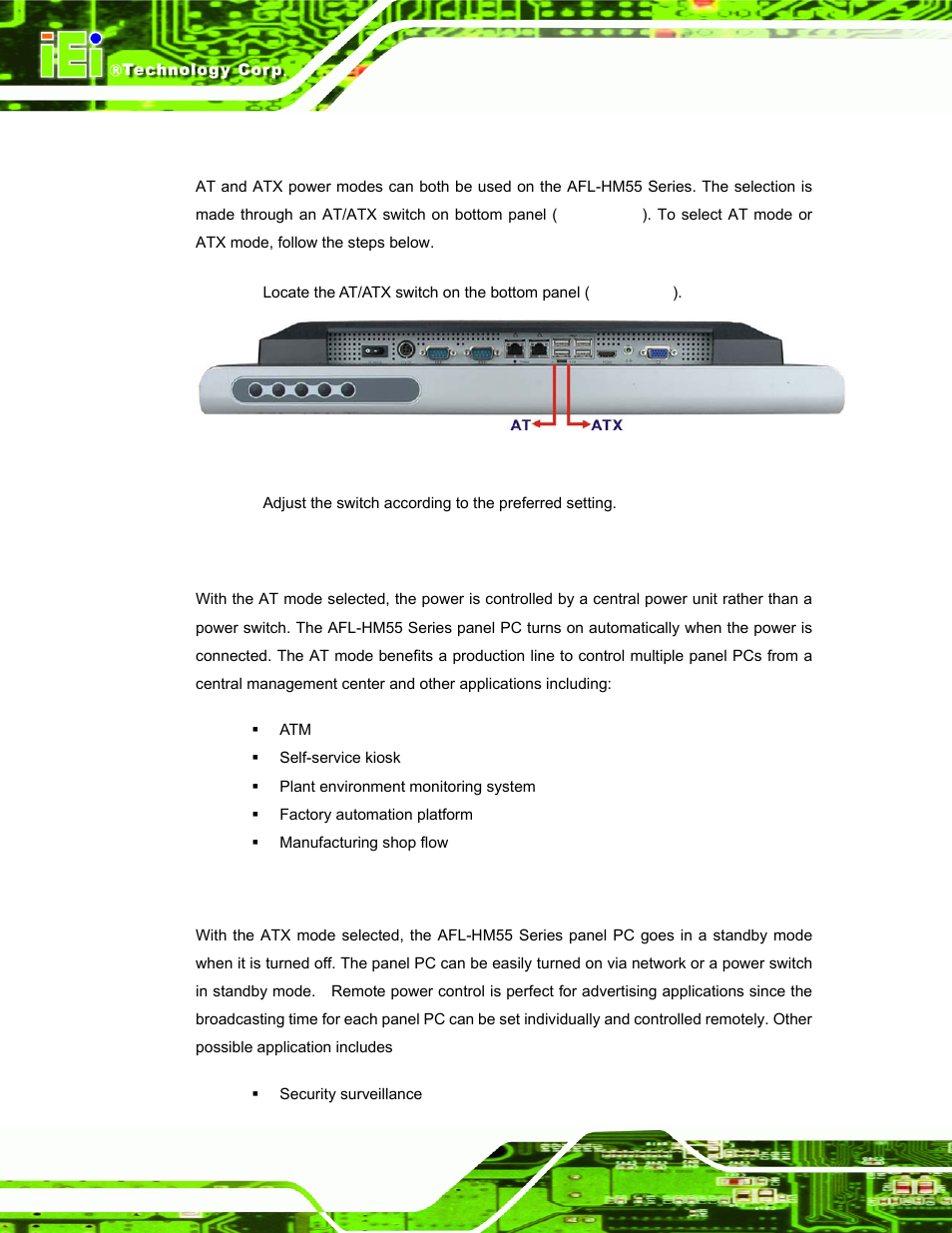 12 at/atx mode selection, 1 at power mode, 2 atx power mode | At/atx, Election, Figure 3-29: at/atx switch location | IEI Integration AFL-15i-HM55 v1.20 User Manual | Page 61 / 143