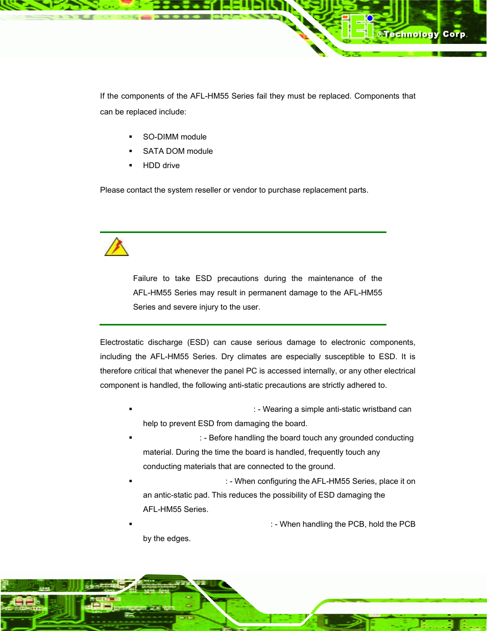 1 system maintenance introduction, 2 anti-static precautions, Ystem | Aintenance, Ntroduction, Static, Recautions | IEI Integration AFL-15i-HM55 v1.20 User Manual | Page 64 / 143