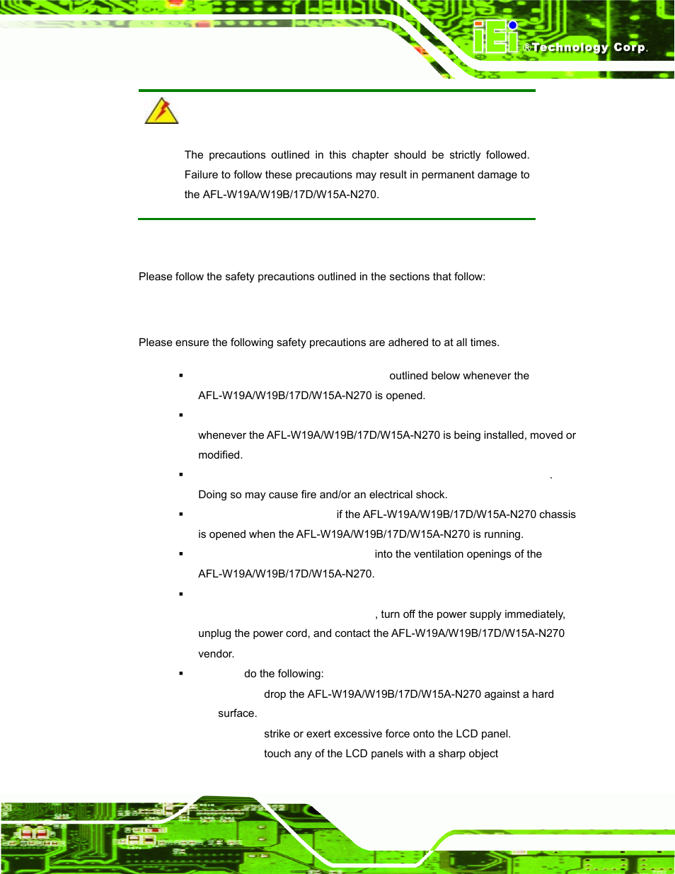 A.1 safety precautions, A.1.1 general safety precautions, Afety | Recautions | IEI Integration AFL-W19A_W19B_17D_W15A-N270 v1.06 User Manual | Page 107 / 125
