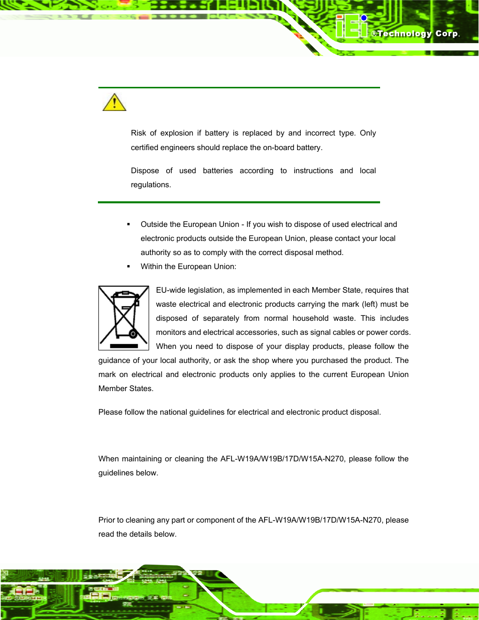 A.1.3 product disposal, A.2 maintenance and cleaning precautions, A.2.1 maintenance and cleaning | Aintenance and, Leaning, Recautions | IEI Integration AFL-W19A_W19B_17D_W15A-N270 v1.06 User Manual | Page 109 / 125