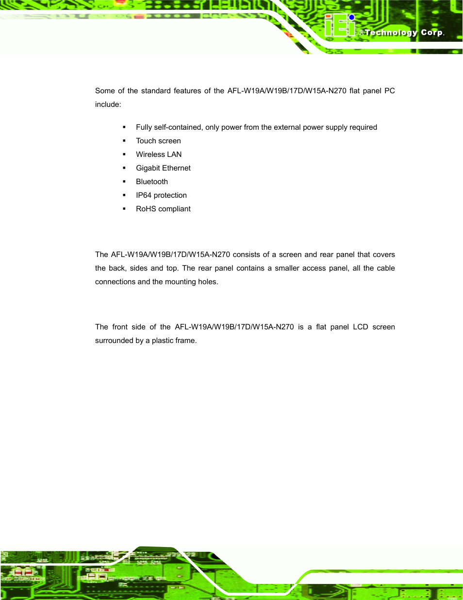 3 features, 4 external overview, 1 front panel | Eatures, Xternal, Verview | IEI Integration AFL-W19A_W19B_17D_W15A-N270 v1.06 User Manual | Page 15 / 125