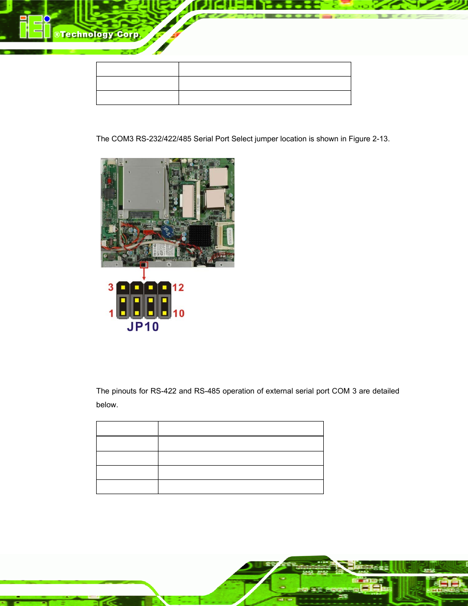 1 com3 rs-422 and rs-485 pinouts, Table 2-11: rs-422 pinouts | IEI Integration AFL-W19A_W19B_17D_W15A-N270 v1.06 User Manual | Page 38 / 125