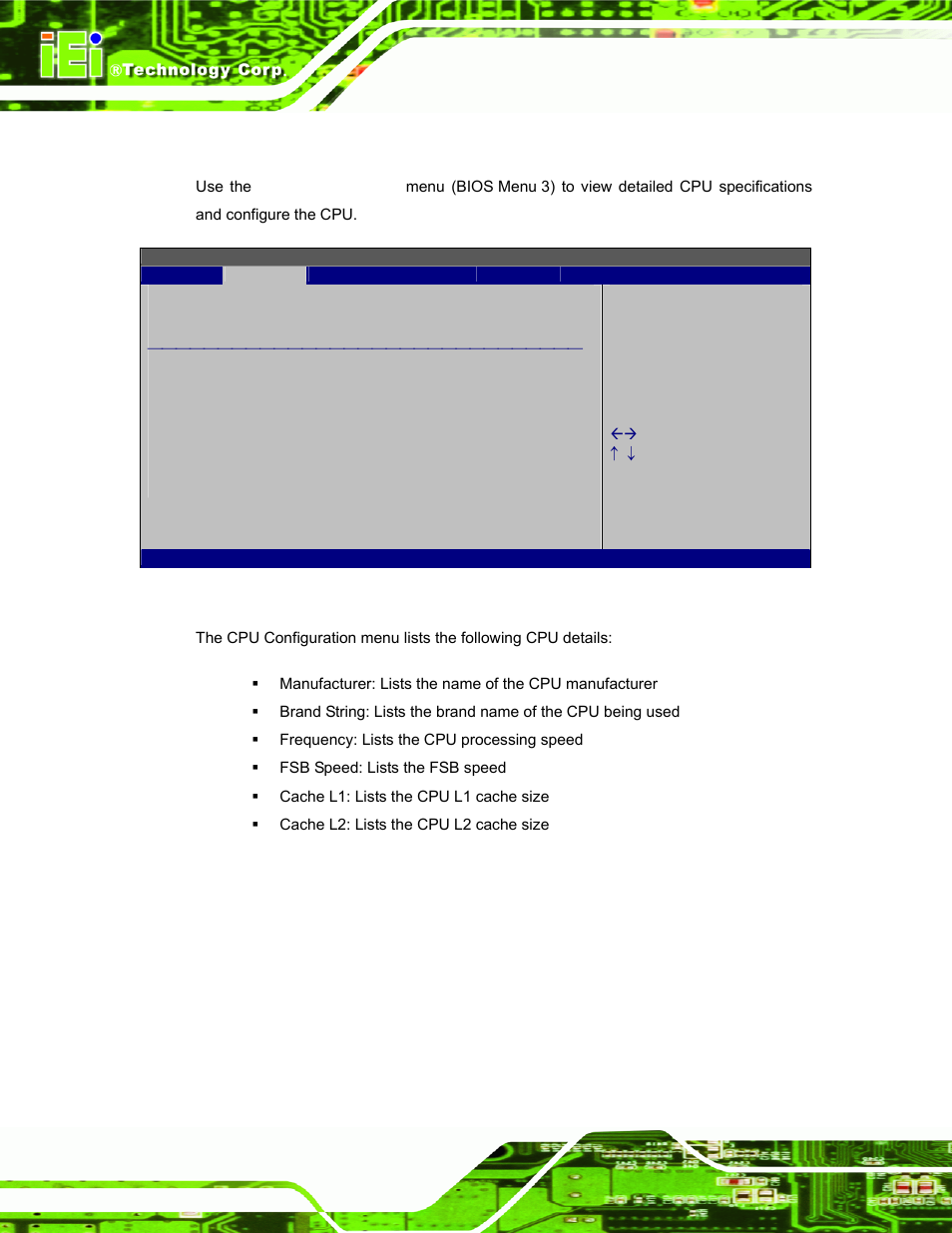 1 cpu configuration, Bios menu 3: cpu configuration | IEI Integration AFL-W19A_W19B_17D_W15A-N270 v1.06 User Manual | Page 62 / 125