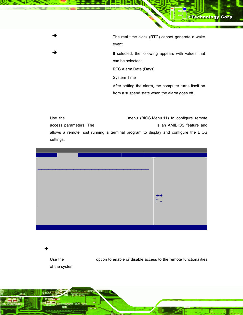 6 remote access configuration, Bios menu 11: remote access configuration | IEI Integration AFL-W19A_W19B_17D_W15A-N270 v1.06 User Manual | Page 79 / 125