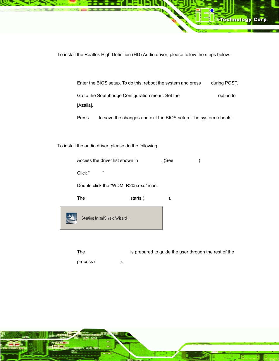 5 audio driver installation, 1 bios setup, 2 driver installation | Udio, River, Nstallation, Figure 7-17: the installshield wizard starts | IEI Integration AFL-15A_15AE-N270_UMN_v1.01.pdf User Manual | Page 123 / 158