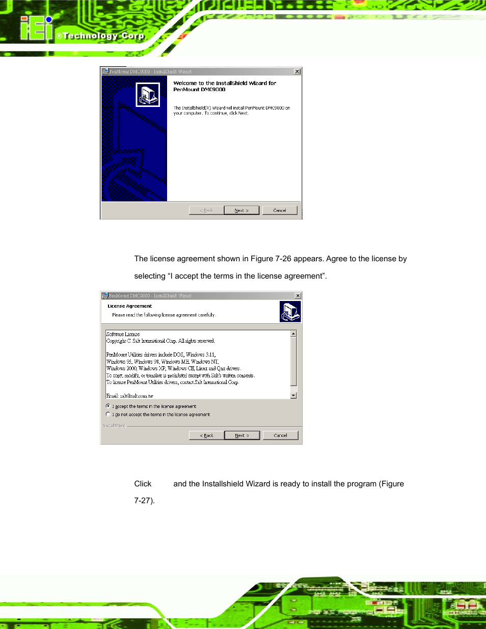 Figure 7-27: welcome screen, Figure 7-28: license agreement | IEI Integration AFL-15A_15AE-N270_UMN_v1.01.pdf User Manual | Page 130 / 158