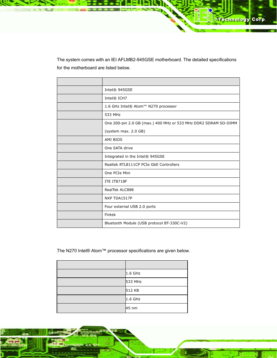 A.1 motherboard specifications, A.2 processor specifications, Otherboard | Pecifications, Rocessor | IEI Integration AFL-15A_15AE-N270_UMN_v1.01.pdf User Manual | Page 141 / 158