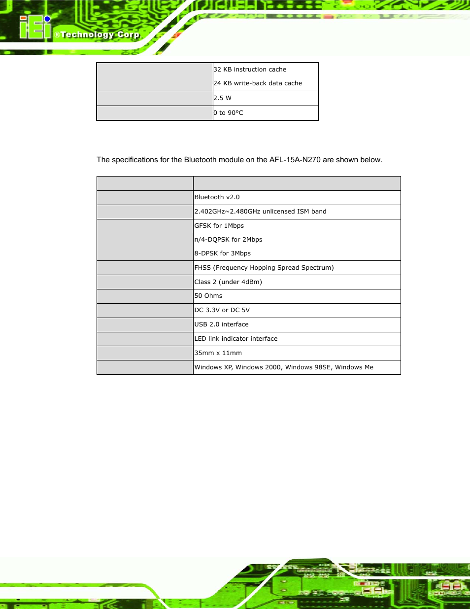 A.3 bluetooth module specifications, Luetooth, Odule | Pecifications | IEI Integration AFL-15A_15AE-N270_UMN_v1.01.pdf User Manual | Page 142 / 158