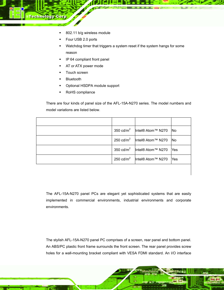 2 applications, 2 external overview, 1 general description | Xternal, Verview, Table 1-1: model variations | IEI Integration AFL-15A_15AE-N270_UMN_v1.01.pdf User Manual | Page 16 / 158