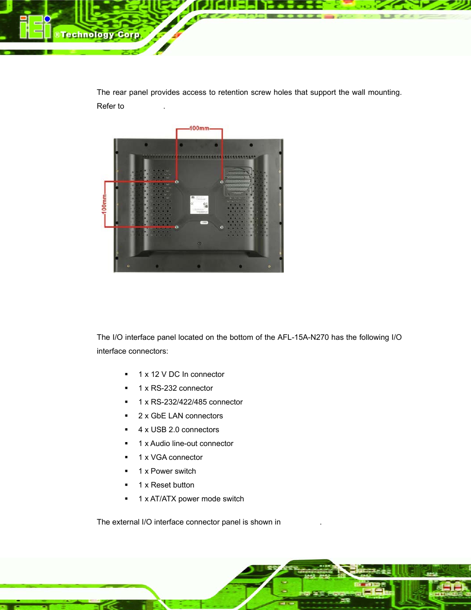 3 rear panel, 4 i/o interface panel, Figure 1-3: afl-15a-n270 rear view | IEI Integration AFL-15A_15AE-N270_UMN_v1.01.pdf User Manual | Page 18 / 158