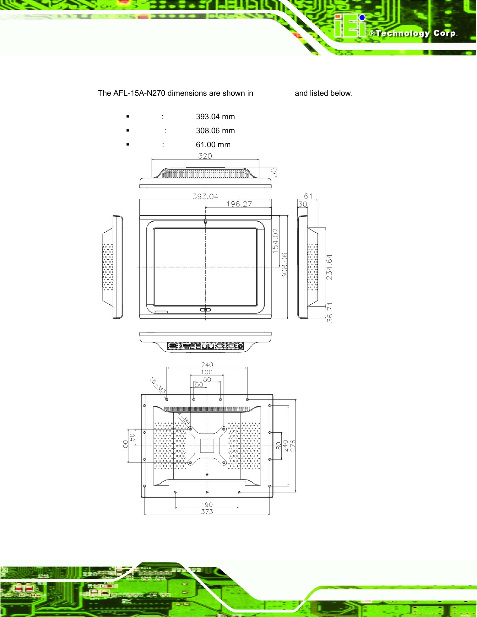 1 afl-15a-n270 dimensions, Afl-15a-n270, Imensions | Figure 2-1: afl-15a-n270 dimensions (mm) | IEI Integration AFL-15A_15AE-N270_UMN_v1.01.pdf User Manual | Page 23 / 158