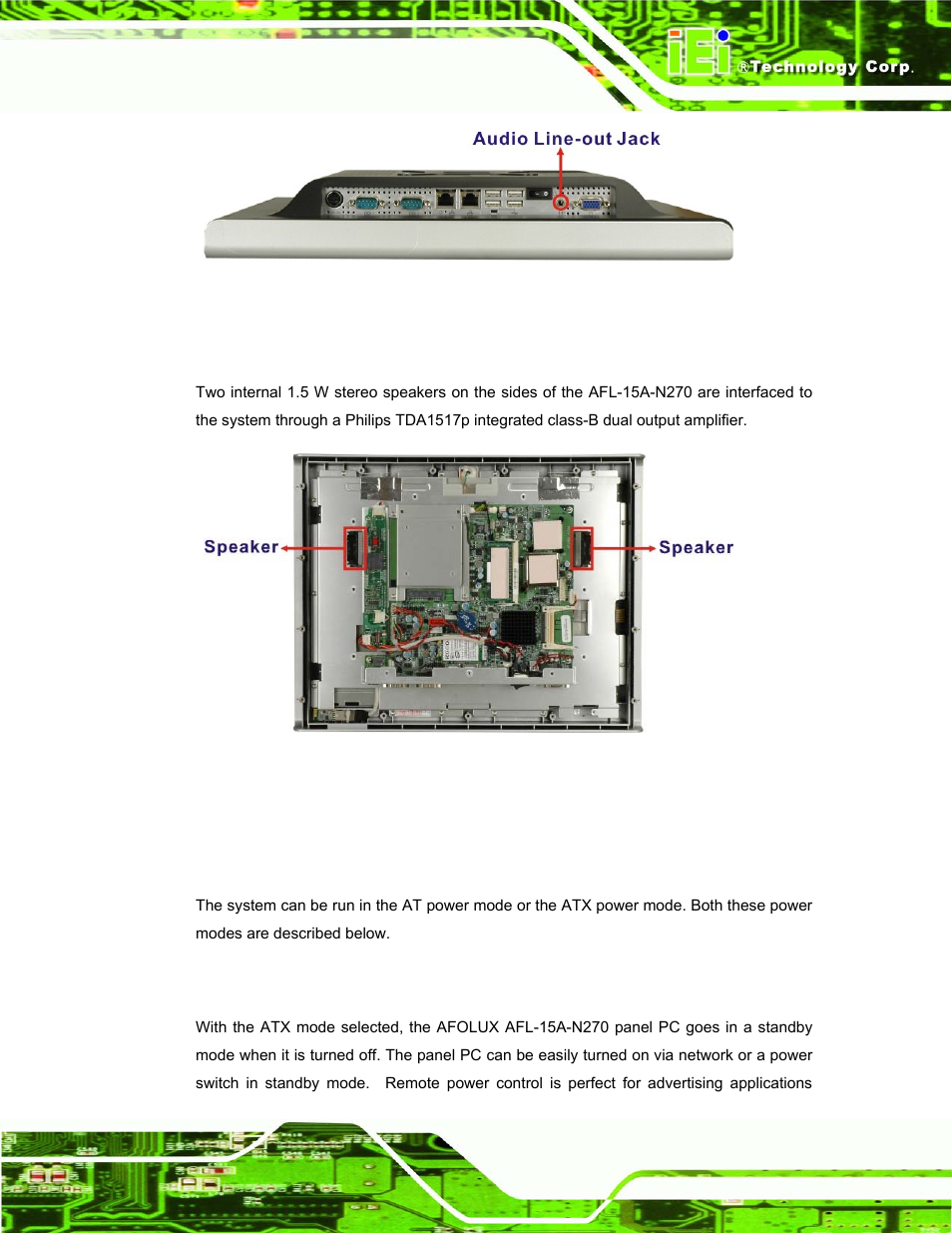 2 stereo speakers, 8 system power, 1 power mode | 1 atx power mode (default), Ystem, Ower, Figure 2-8: audio jack, Figure 2-9: stereo speakers | IEI Integration AFL-15A_15AE-N270_UMN_v1.01.pdf User Manual | Page 29 / 158