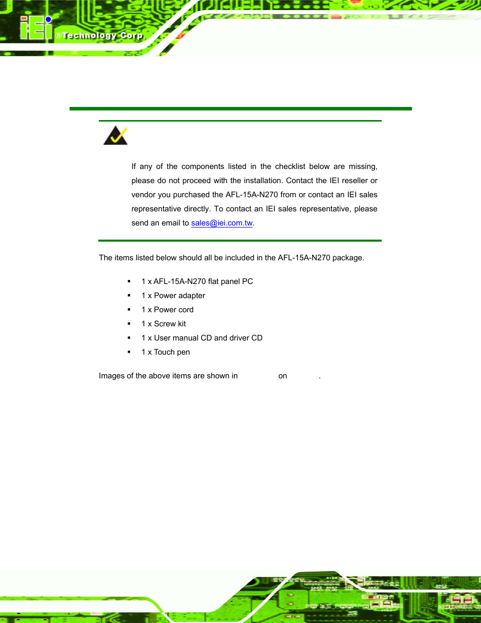 Packing list | IEI Integration AFL-15A_15AE-N270_UMN_v1.01.pdf User Manual | Page 4 / 158