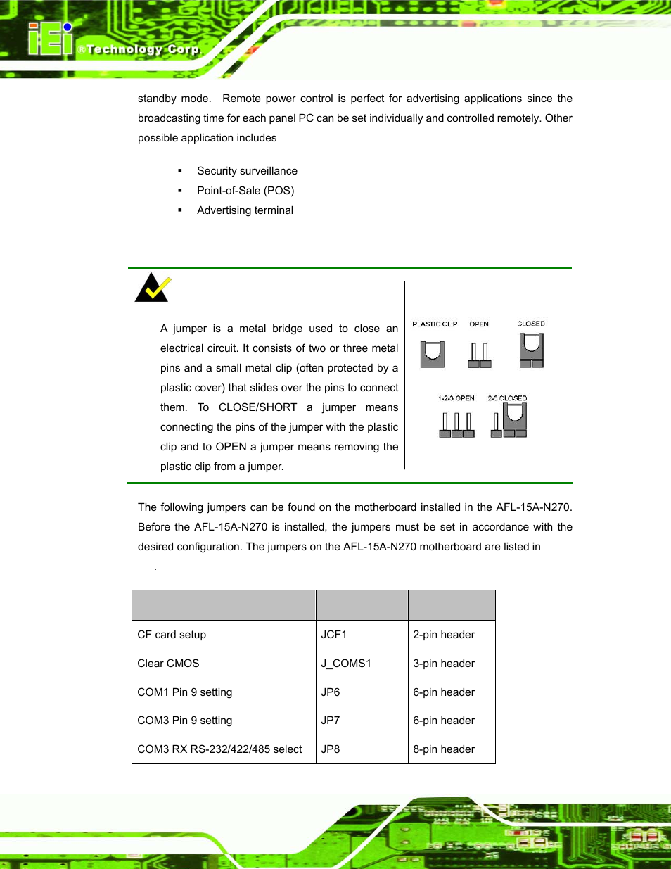9 jumper settings, Umper, Ettings | IEI Integration AFL-15A_15AE-N270_UMN_v1.01.pdf User Manual | Page 44 / 158