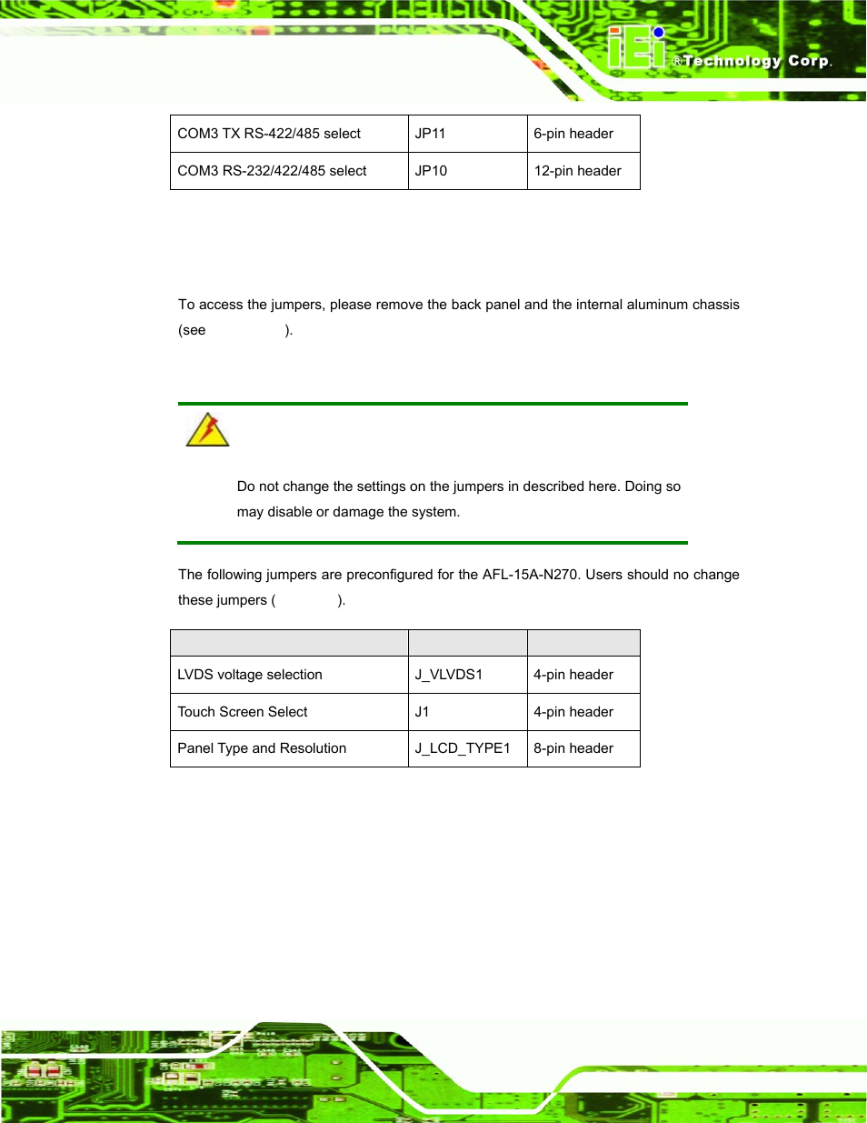 1 access the jumpers, 2 preconfigured jumpers, Table 4-1: jumpers | Table 4-2: preconfigured jumpers | IEI Integration AFL-15A_15AE-N270_UMN_v1.01.pdf User Manual | Page 45 / 158