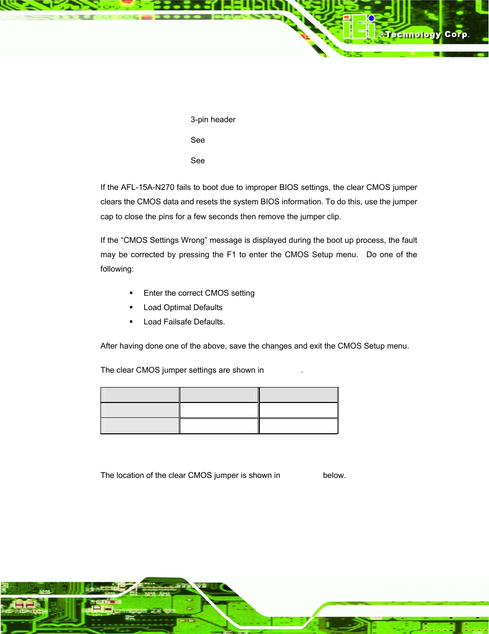 4 clear cmos jumper, Table 4-4: clear cmos jumper settings | IEI Integration AFL-15A_15AE-N270_UMN_v1.01.pdf User Manual | Page 47 / 158