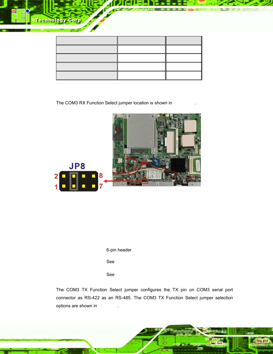 7 com3 tx function select jumper, Table 4-7: com3 rx function select jumper settings, See table 4-7 | See figure 4-9, Table 4-7 | IEI Integration AFL-15A_15AE-N270_UMN_v1.01.pdf User Manual | Page 50 / 158