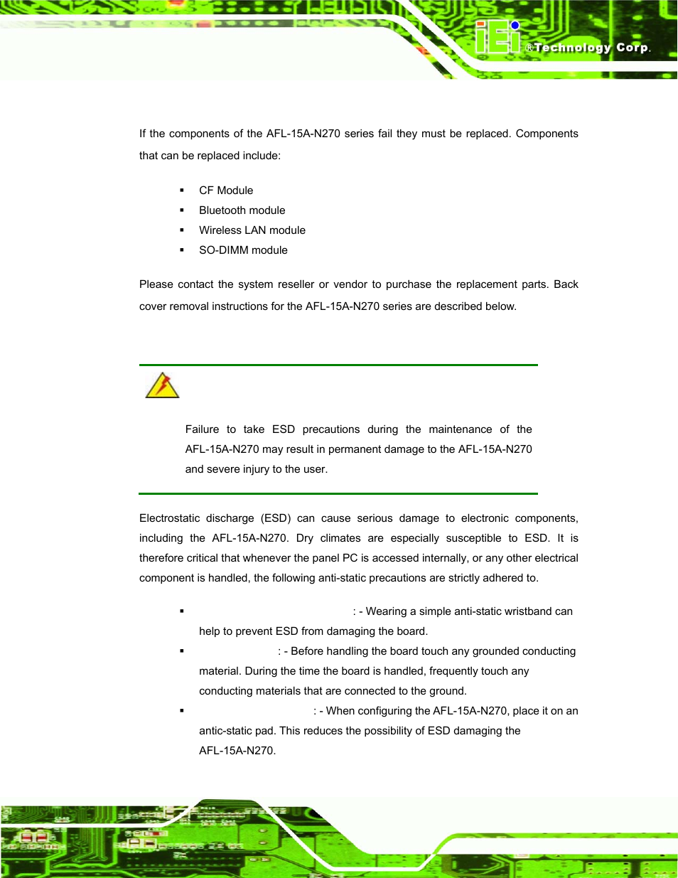 1 system maintenance introduction, 2 anti-static precautions, Ystem | Aintenance, Ntroduction, Static, Recautions | IEI Integration AFL-15A_15AE-N270_UMN_v1.01.pdf User Manual | Page 65 / 158