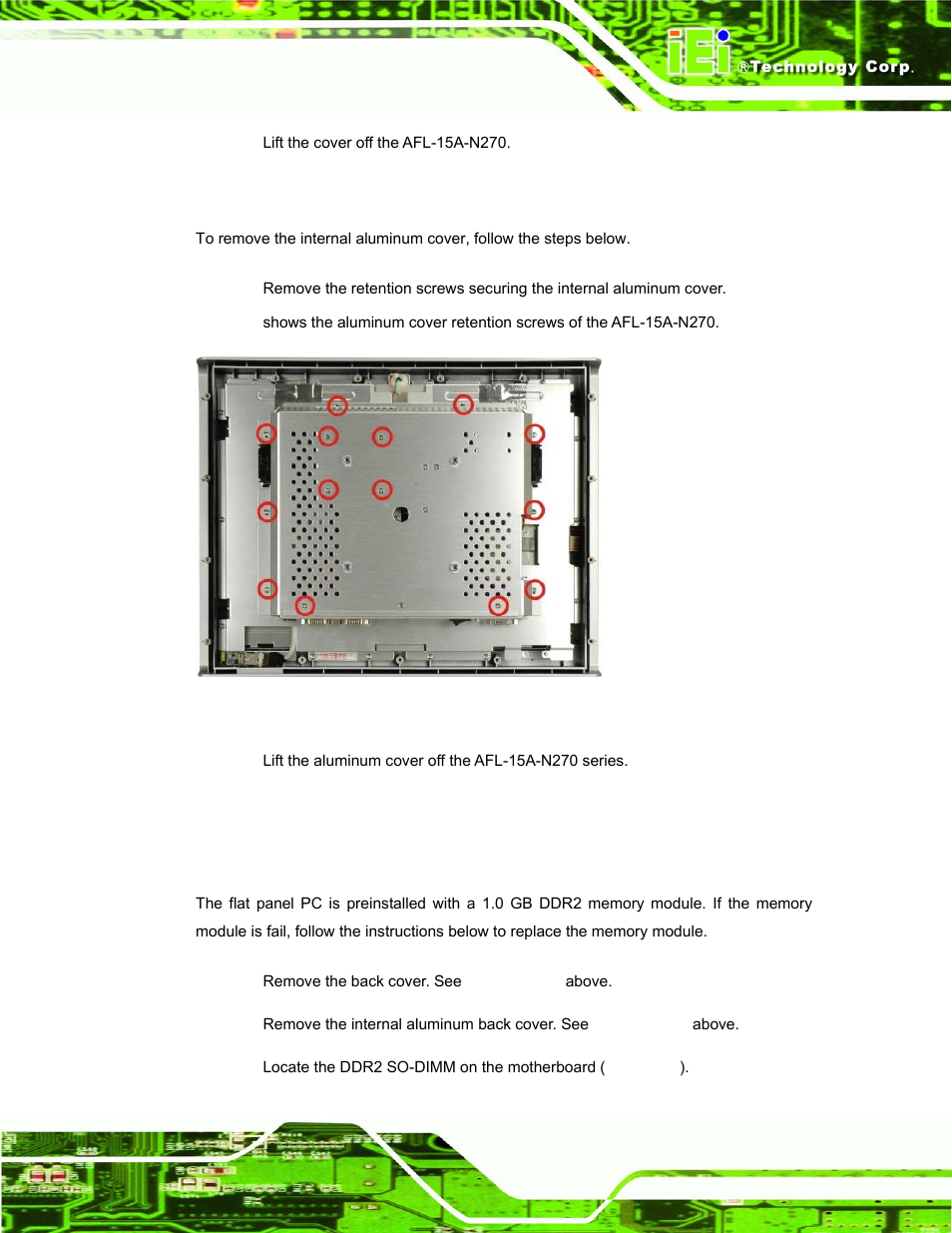 2 internal aluminum cover removal, 5 replacing components, 1 memory module replacement | Eplacing, Omponents, Figure 5-2: aluminum back cover retention screws | IEI Integration AFL-15A_15AE-N270_UMN_v1.01.pdf User Manual | Page 67 / 158