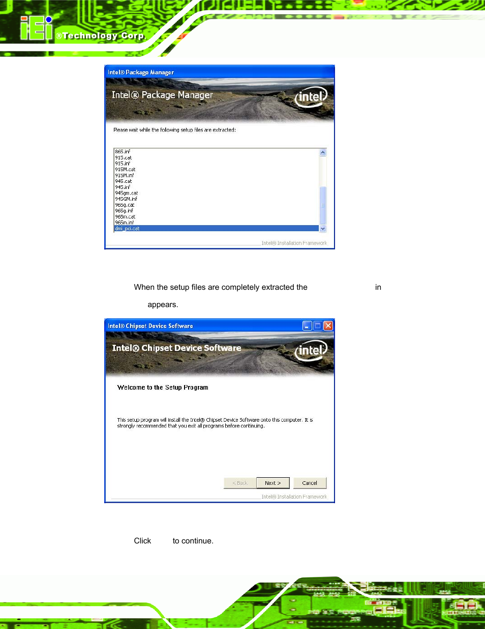 Figure 7-2: chipset driver screen, Figure 7-3: chipset driver welcome screen | IEI Integration AFL-15A-N270 v2.10 User Manual | Page 114 / 159