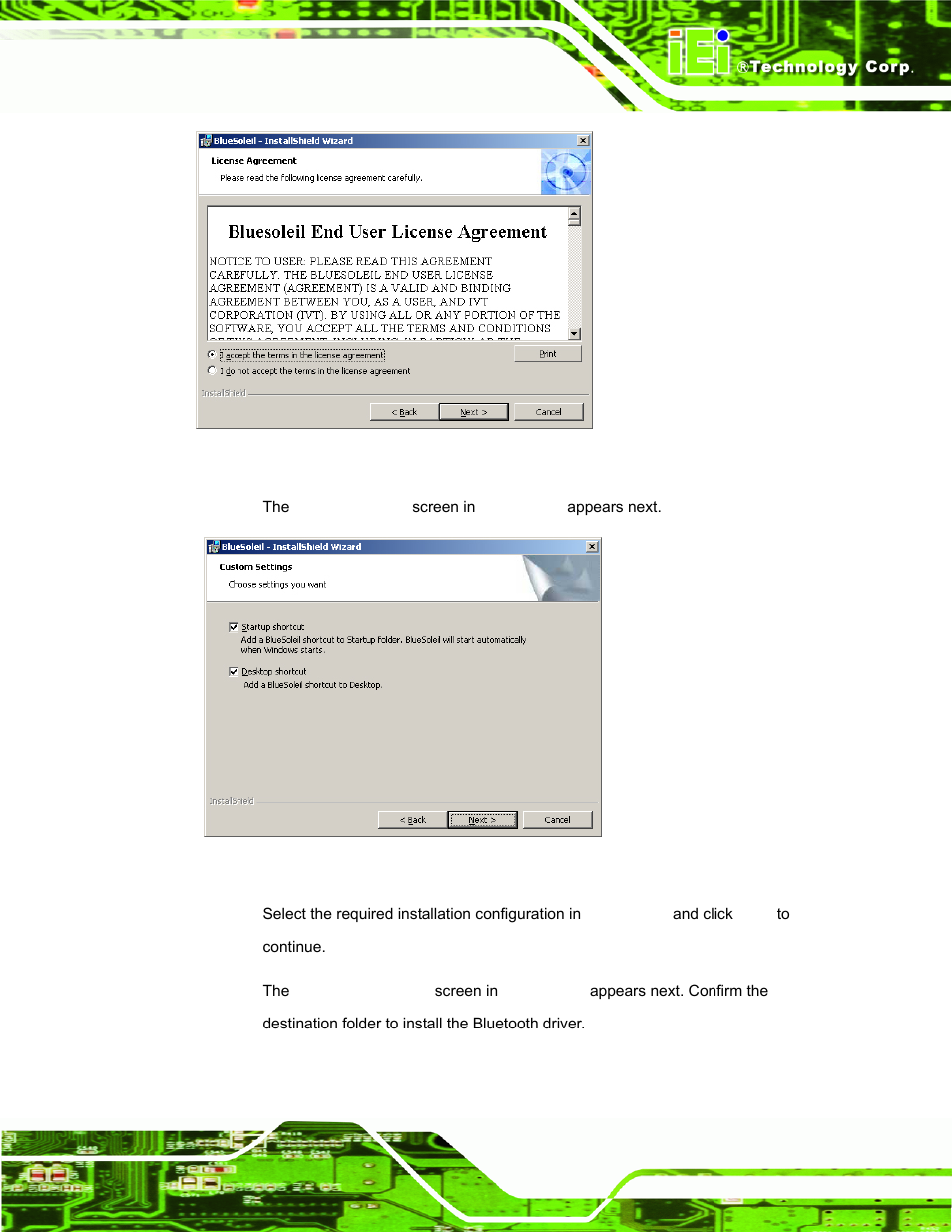 Figure 7-32: license agreement, Figure 7-33: bluetooth driver setup options | IEI Integration AFL-15A-N270 v2.10 User Manual | Page 133 / 159