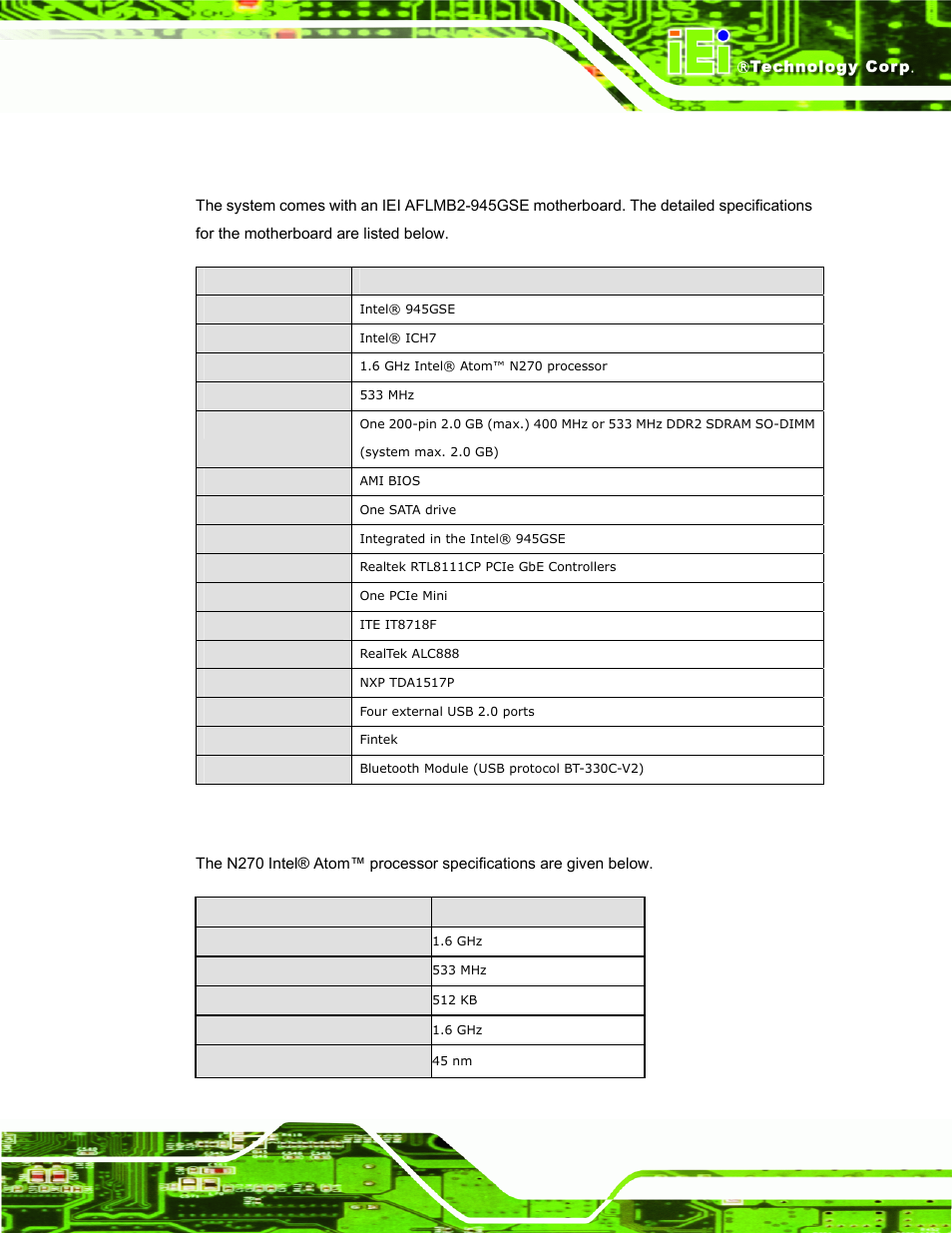 A.1 motherboard specifications, A.2 processor specifications, Otherboard | Pecifications, Rocessor | IEI Integration AFL-15A-N270 v2.10 User Manual | Page 141 / 159