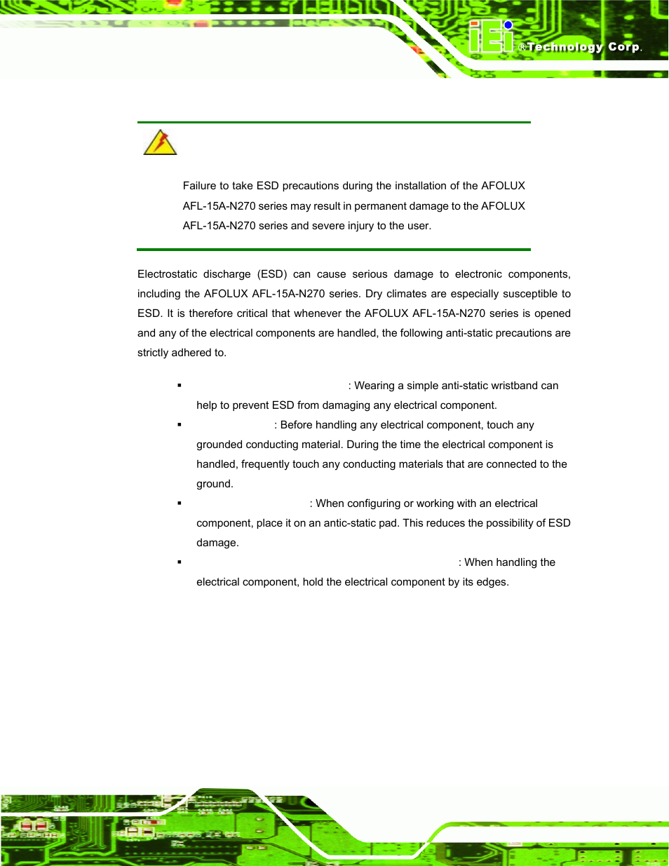 B.1.2 anti-static precautions | IEI Integration AFL-15A-N270 v2.10 User Manual | Page 145 / 159