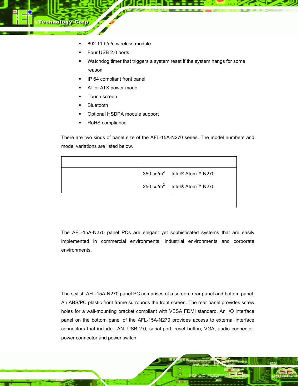 2 applications, 2 external overview, 1 general description | Xternal, Verview, Table 1-1: model variations | IEI Integration AFL-15A-N270 v2.10 User Manual | Page 16 / 159