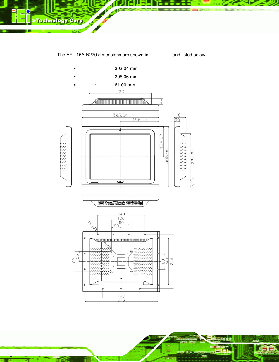 1 afl-15a-n270 dimensions, Afl-15a-n270, Imensions | Figure 2-1: afl-15a-n270 dimensions (mm) | IEI Integration AFL-15A-N270 v2.10 User Manual | Page 22 / 159