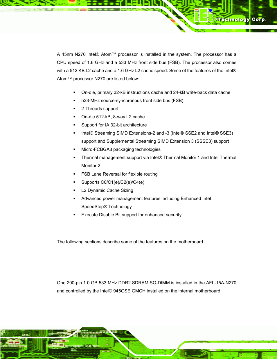 2 intel® atom™ processor, 3 motherboard components, 1 memory support | 1 installed memory, Ntel, Rocessor, Otherboard, Omponents | IEI Integration AFL-15A-N270 v2.10 User Manual | Page 23 / 159