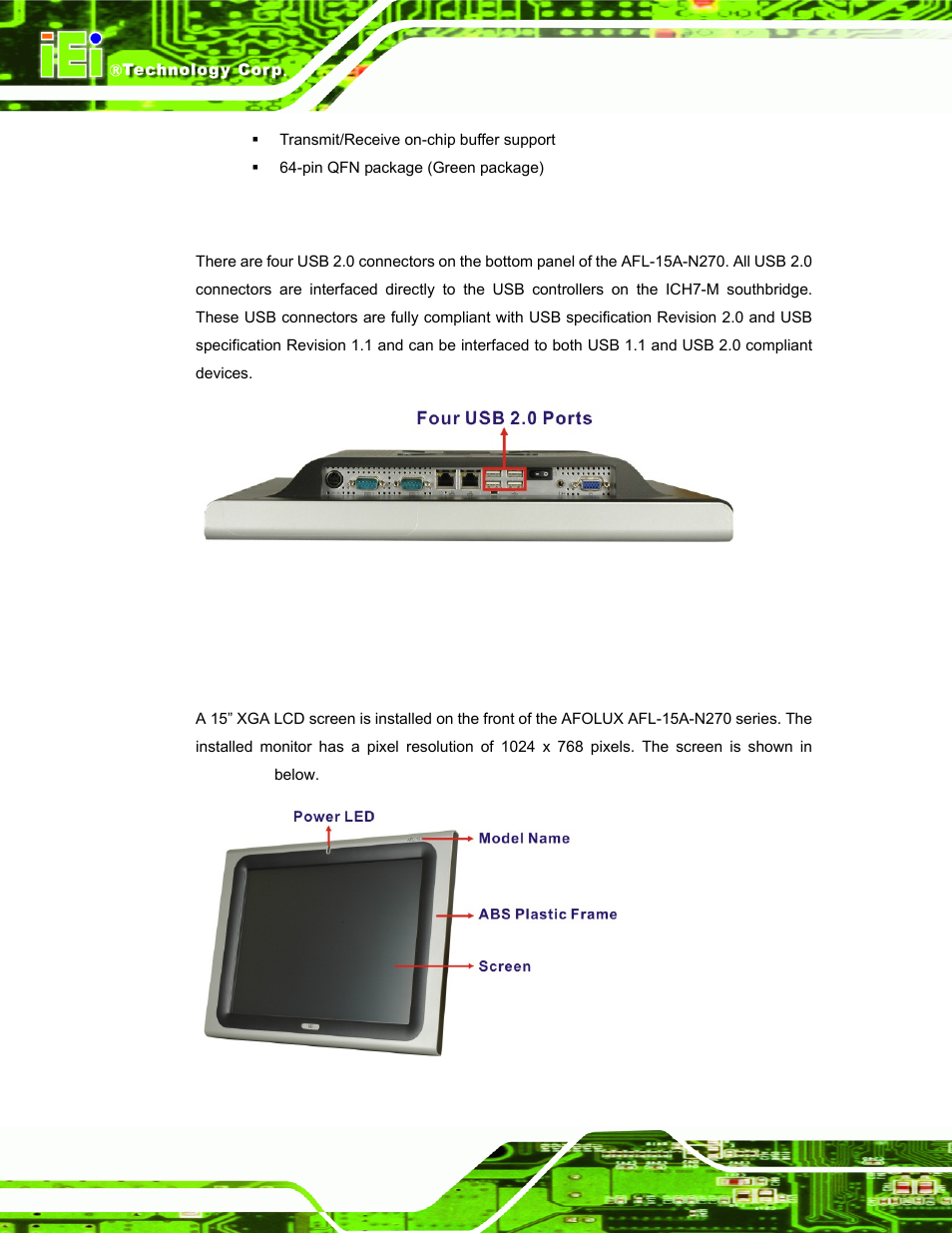 3 external usb connectors, 5 afolux afl-15a-n270 front side, 1 monitor | Afolux, Afl-15a-n270, Ront, Figure 2-5: external usb ports, Figure 2-6: lcd screen | IEI Integration AFL-15A-N270 v2.10 User Manual | Page 26 / 159