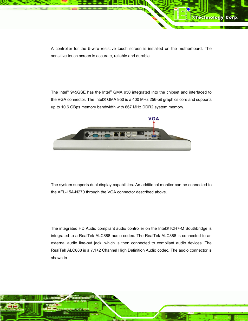 2 touch-screen module, 6 graphics, 2 dual-display | 7 audio, 1 hd audio codec controller, Raphics, 1 intel, 945gse integrated graphics media accelerator 950, Udio, Figure 2-7: vga connector | IEI Integration AFL-15A-N270 v2.10 User Manual | Page 27 / 159