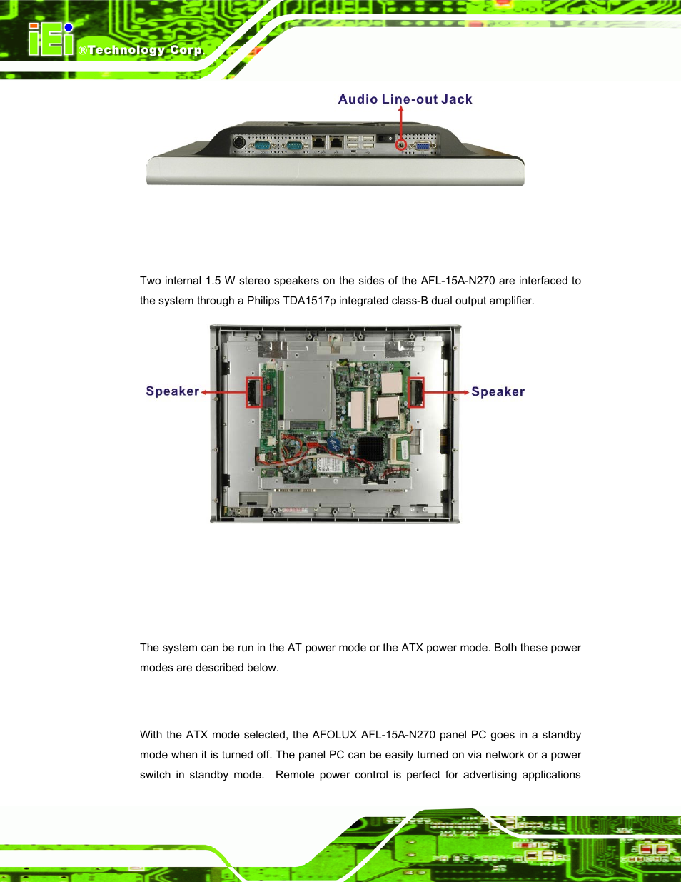 2 stereo speakers, 8 system power, 1 power mode | 1 atx power mode (default), Ystem, Ower, Figure 2-8: audio jack, Figure 2-9: stereo speakers | IEI Integration AFL-15A-N270 v2.10 User Manual | Page 28 / 159