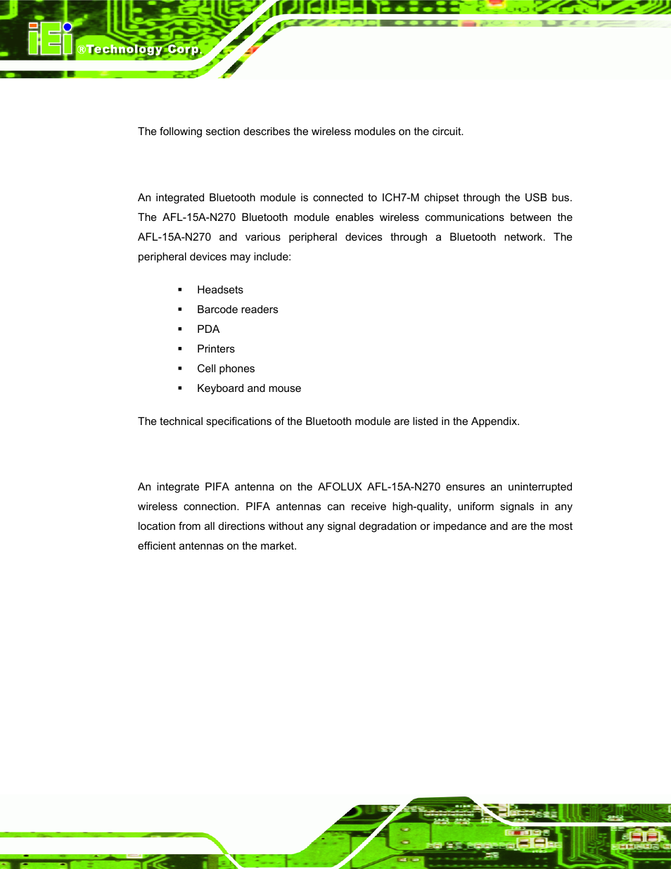 9 wireless connections, 1 usb bluetooth module, 2 wireless ethernet | Ireless, Onnections | IEI Integration AFL-15A-N270 v2.10 User Manual | Page 30 / 159