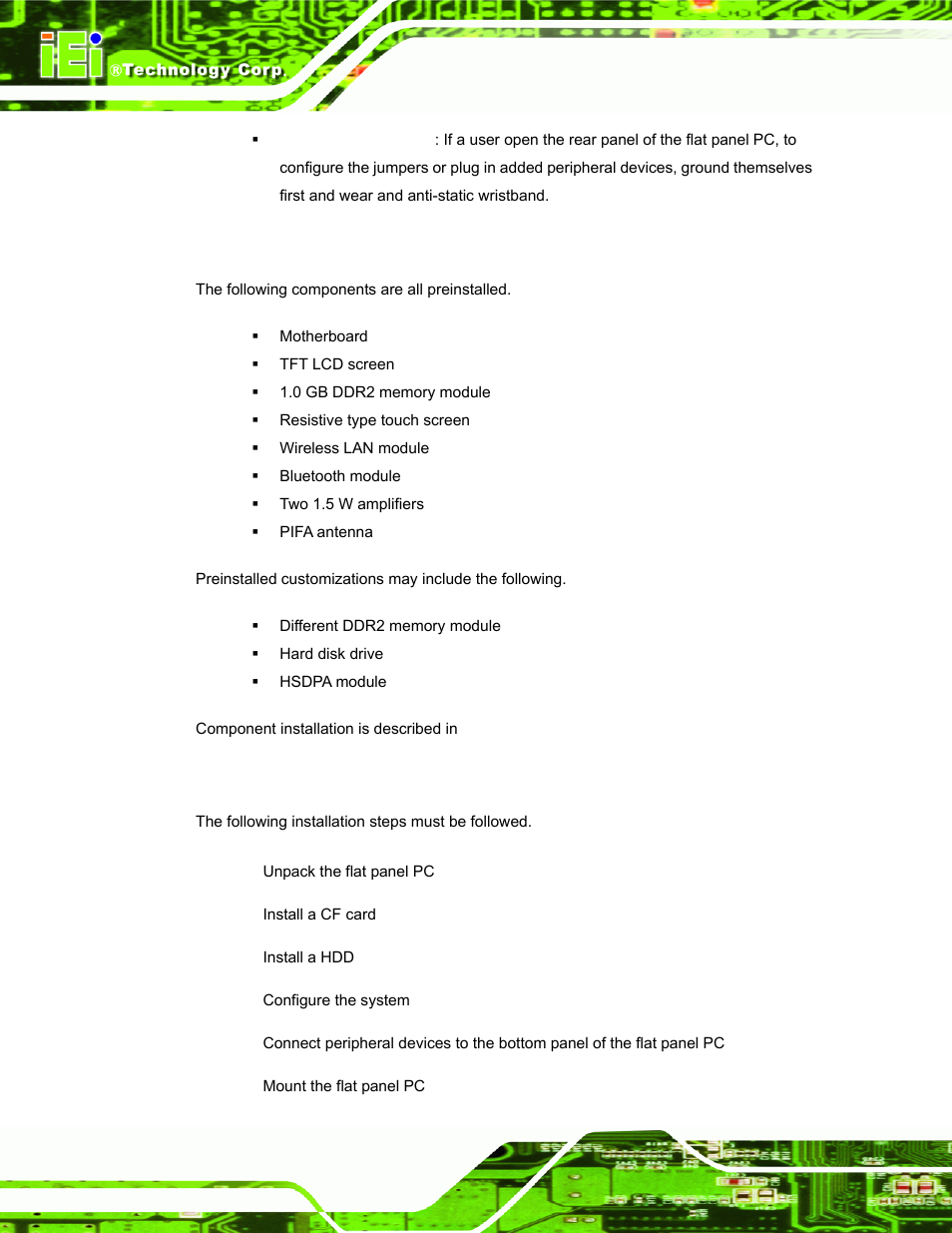 3 preinstalled components, 4 installation and configuration steps, Reinstalled | Omponents, Nstallation and, Onfiguration, Teps | IEI Integration AFL-15A-N270 v2.10 User Manual | Page 38 / 159