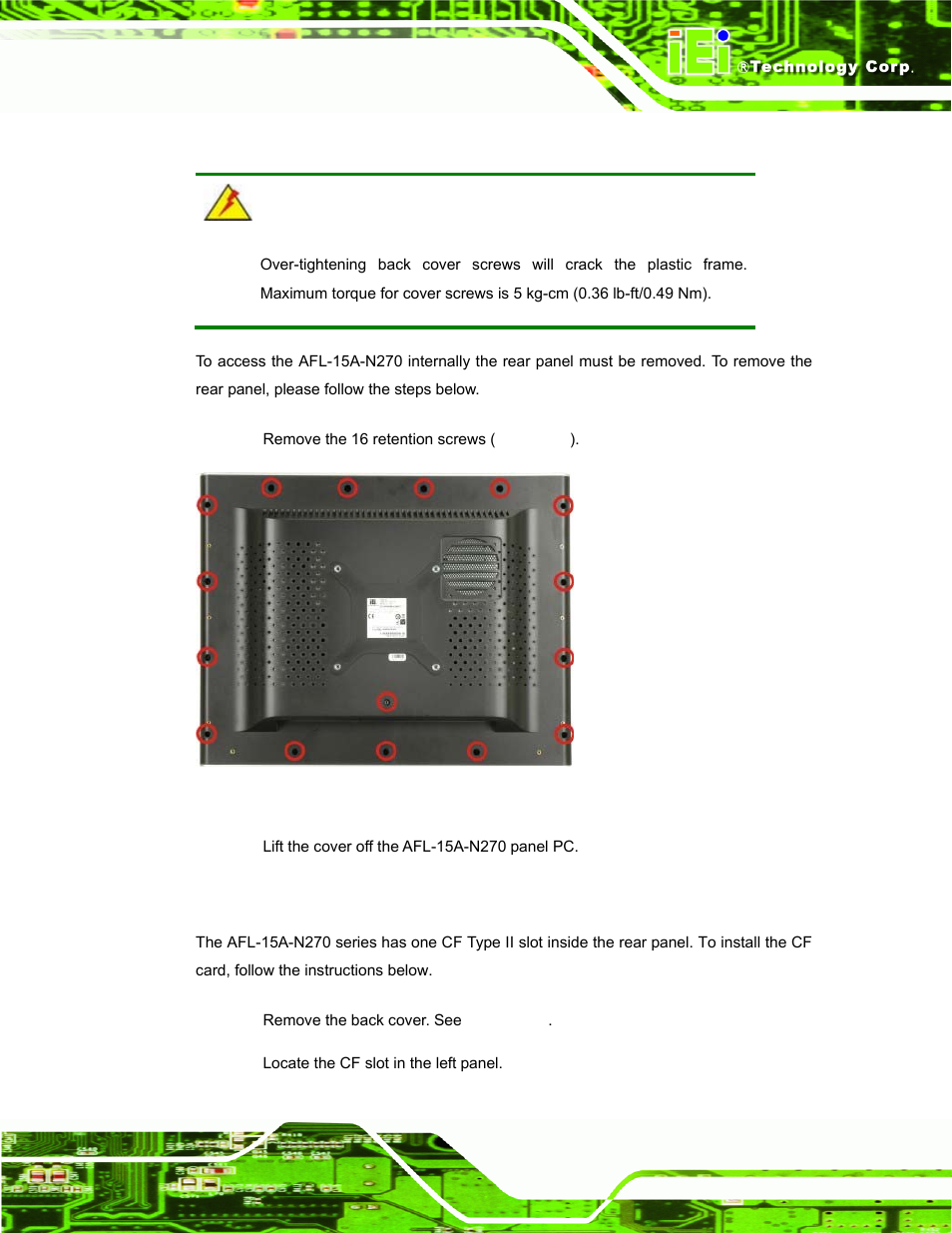 5 removing the rear panel, 6 cf card installation, Emoving the | Anel, Nstallation, Figure 4-1: back cover retention screws | IEI Integration AFL-15A-N270 v2.10 User Manual | Page 39 / 159