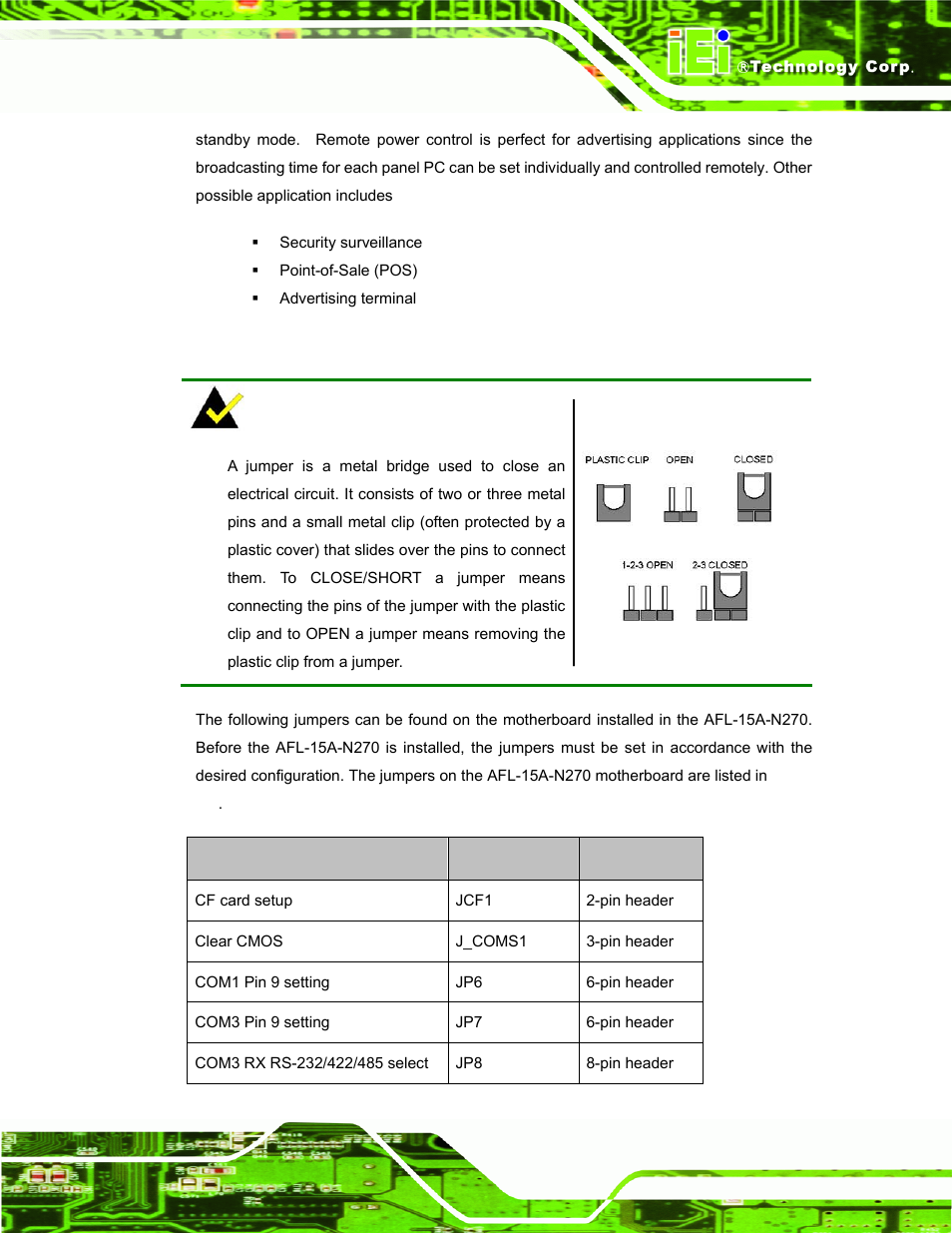 9 jumper settings, Umper, Ettings | IEI Integration AFL-15A-N270 v2.10 User Manual | Page 43 / 159